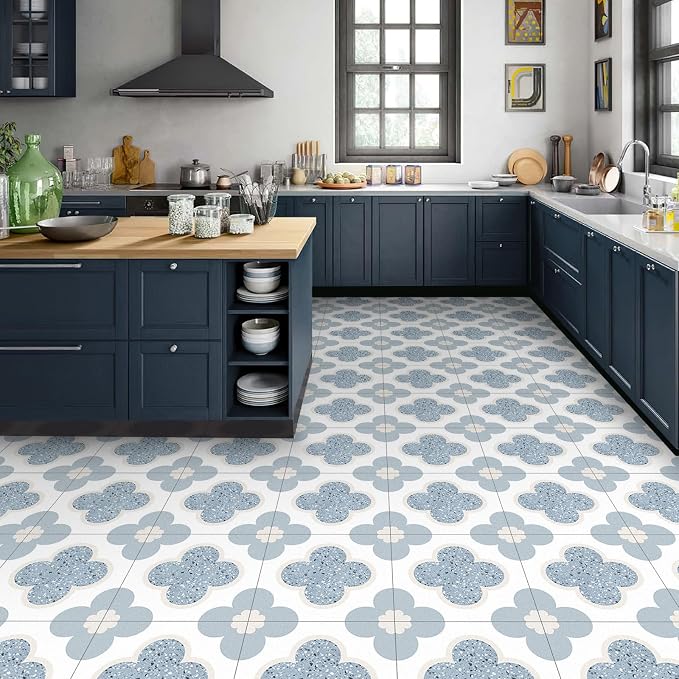 Peel & Stick Floor Tiles Self Adhesive Vinyl Flooring 11.8" x 11.8", DIY Tile Stickers for Kitchen Living Room Waterproof Removable Terrazzo Look Blue PP Material 10 Sheets