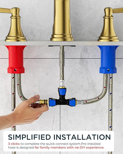 FORIOUS Brushed Gold Bathroom Faucet 3 Hole Widespread, Two Handle Antique Brass Waterfall Bathroom Faucet Gold 3 Hole for Vanity with Metal Drain Kit and Pre-Assembled CUPC Hose and All Tools