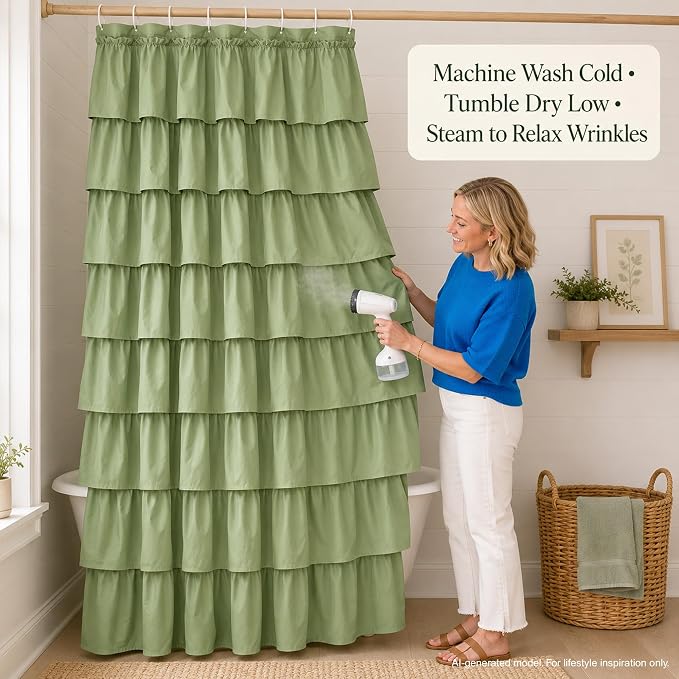 Green Ruffle Shower Curtain for Bathroom, 36x72 inch, 1 Panel, 6ft | Elegant Ruffled Drape, Cottagecore Bathroom Style, Shabby Chic Ruffles, 36 x 72, 12 Hooks Included, Machine Washable, Cloth
