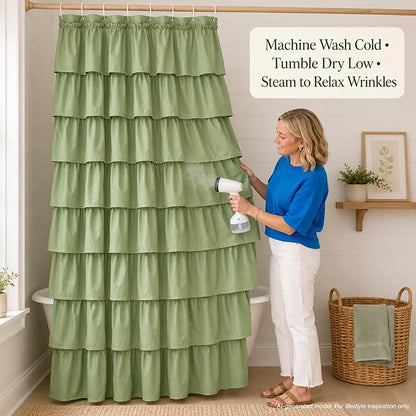 Green Ruffle Shower Curtain for Bathroom, 36x72 inch, 1 Panel, 6ft | Elegant Ruffled Drape, Cottagecore Bathroom Style, Shabby Chic Ruffles, 36 x 72, 12 Hooks Included, Machine Washable, Cloth