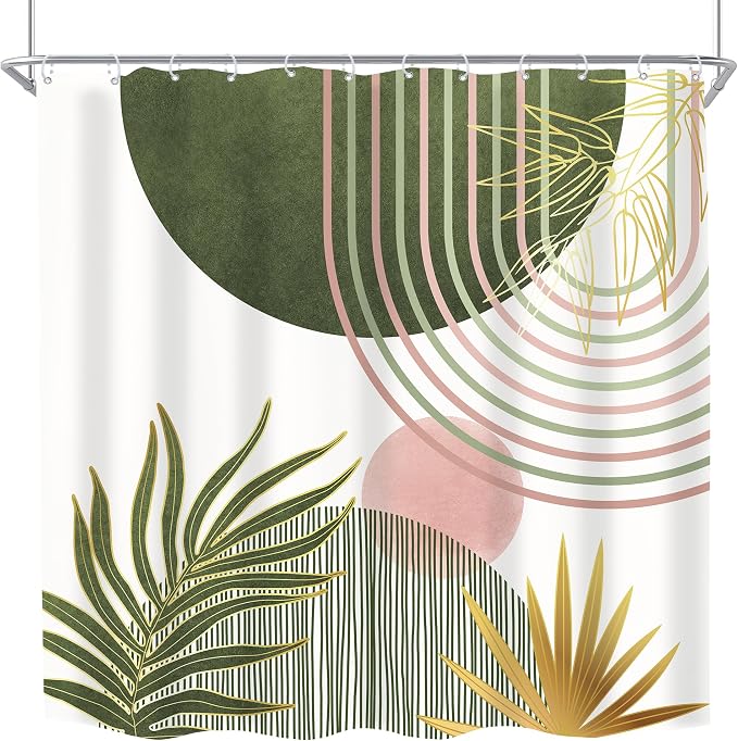 Mid Century Sage Green Pink Boho Abstract Bathroom Shower Curtain Set | 72Wx72L S Plant design, waterproof HD print with fast-drying fabric and 12 hooks.