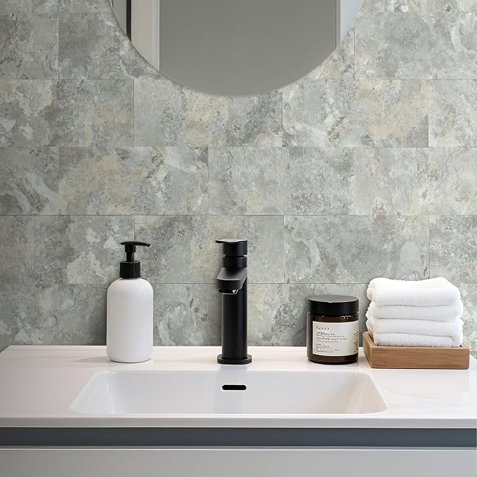AULIGET 2-Piece Peel and Stick Backsplash Wall Tiles, 6" x 12" Grey & Beige Slate PVC Faux Stone Stick on Tiles for Backsplash Kitchen