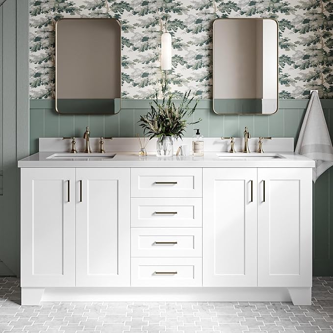 DKB Emilia 72 Inch Bathroom Vanity Double Sink — White Bathroom Vanity with Sink, 1.5" Edge Pure White Quartz Countertop & Backsplash, 4 Soft-Close Doors, and 6 Dovetail Drawers