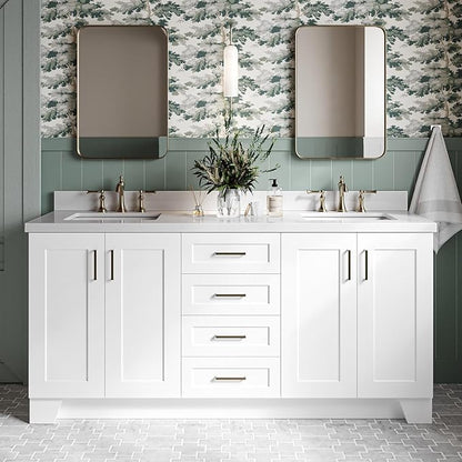 DKB Emilia 72 Inch Bathroom Vanity Double Sink — White Bathroom Vanity with Sink, 1.5" Edge Pure White Quartz Countertop & Backsplash, 4 Soft-Close Doors, and 6 Dovetail Drawers