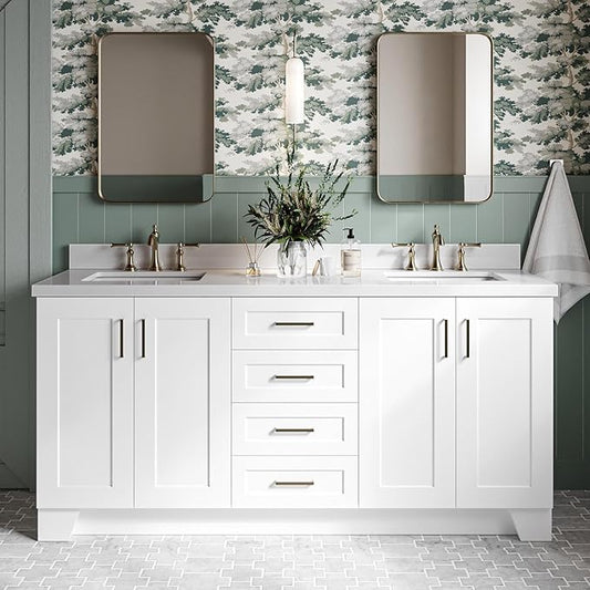 DKB Emilia 72 Inch Bathroom Vanity Double Sink — White Bathroom Vanity with Sink, 1.5" Edge Pure White Quartz Countertop & Backsplash, 4 Soft-Close Doors, and 6 Dovetail Drawers