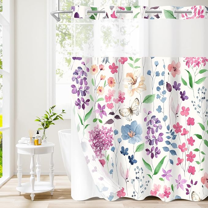 No Hook Colorful Watercolor Floral Shower Curtain and Liner Set, 72x86 | Spring Flower Shower Curtains with Snap-in Liner for Farmhouse Bathroom Decor, Botanical Bathroom Curtain with Leaves
