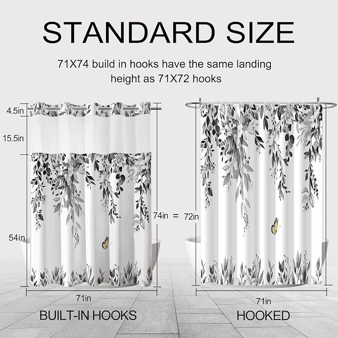 No Hook Shower Curtain and Liner Set, Grey Eucalyptus 71x74 | Floral Design, with Snap in Liner, Waterproof, Machine Washable, Quick-Drying, for Hotel Bathroom