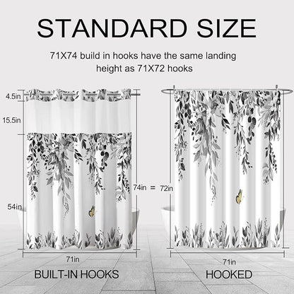 No Hook Shower Curtain and Liner Set, Grey Eucalyptus 71x74 | Floral Design, with Snap in Liner, Waterproof, Machine Washable, Quick-Drying, for Hotel Bathroom