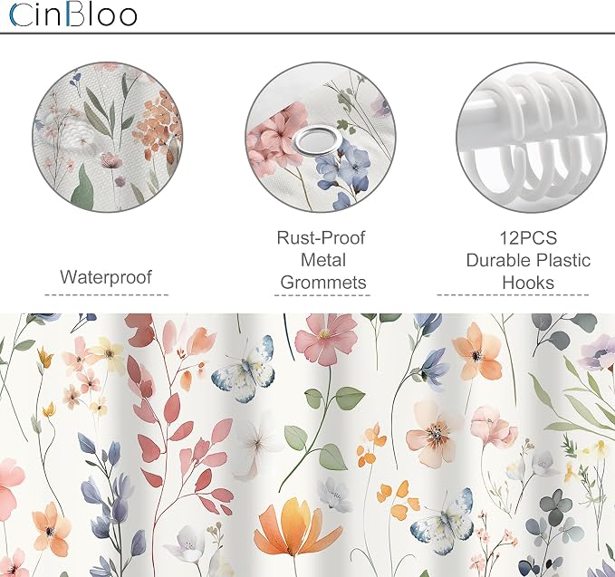 Boho Flower Extra Long Wildflower Girly Floral Bathroom Shower Curtain Set | 72"W x 84"H Leaves Botanical; waterproof HD print, quick-dry fabric and plastic hooks for easy setup.