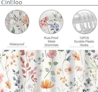 Boho Flower Extra Long Wildflower Girly Floral Bathroom Shower Curtain Set | 72"W x 84"H Leaves Botanical; waterproof HD print, quick-dry fabric and plastic hooks for easy setup.