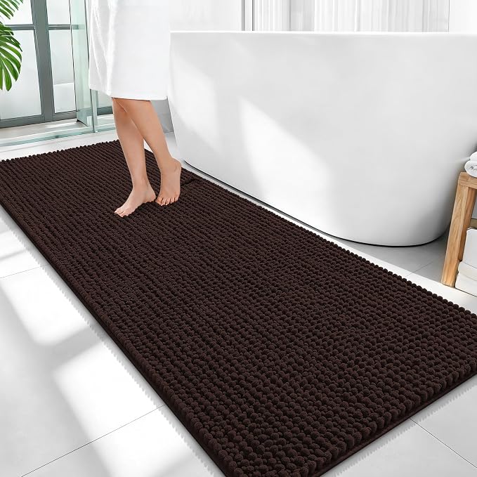 OLANLY Thick Chenille Bathroom Runner Rugs 59x24, Absorbent Bath Mat, Brown | Soft Bath Rugs, Rubber Backing, Machine Wash Dry, Bath Mats for Bathroom, Tub and Shower, Home Decor Accessories