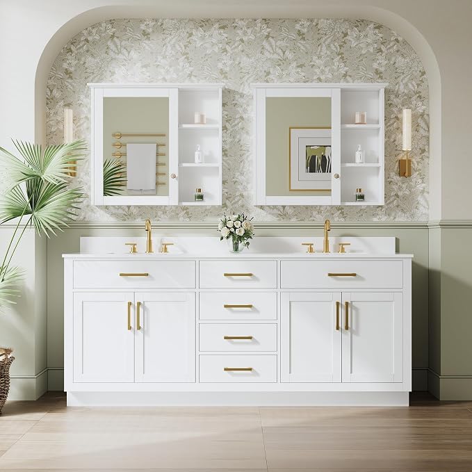 80-Inch Bathroom Vanity with Double Sinks W/ 4 Doors & 4 Drawers & 2 Flip Drawers, White Vanity W/Brushed Gold Handles