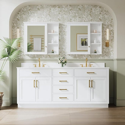 80-Inch Bathroom Vanity with Double Sinks W/ 4 Doors & 4 Drawers & 2 Flip Drawers, White Vanity W/Brushed Gold Handles