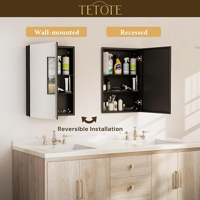 TETOTE 14 x 18 Medicine Cabinet with Tempered Beveled Mirror Black Aluminum Cabinet DTC Hinges, 2 Stepless Adjustable Shelves, Recessed/Surface-Mounted