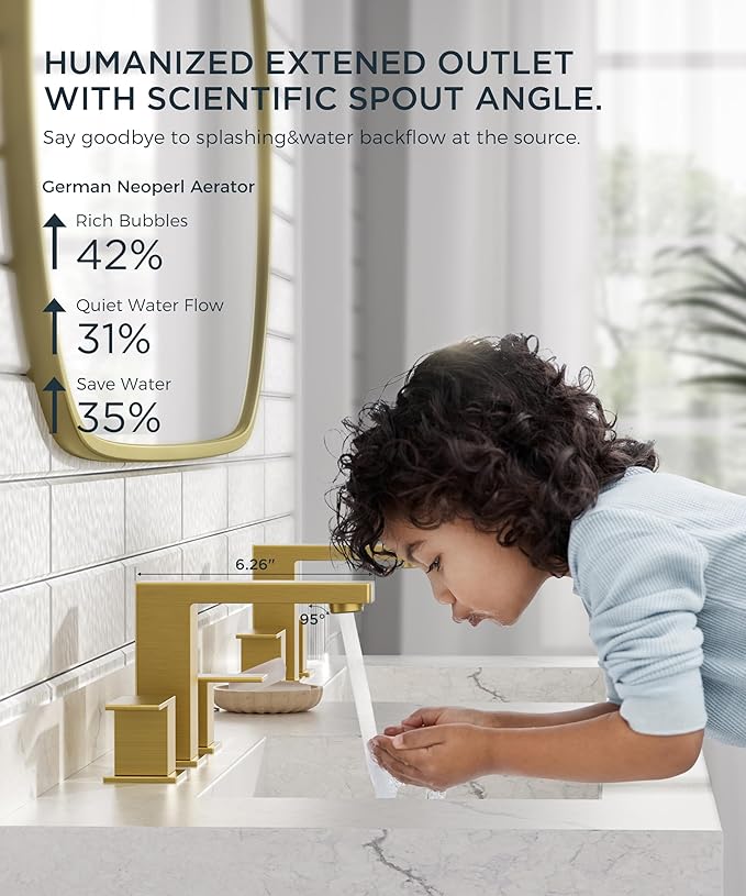 QFN Lead-Free Gold Bathroom Faucet 3 Hole, Square Bathroom Sink Faucet 8 Inch Widespread, 2 Handle for 6"-12" Vanity Sink with Metal Pop Up Drain and 24" cUPC Supply Hoses