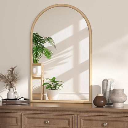 24"x36" Arch Wall Mirror for Wall, Wall Mounted Vanity Mirror for Bedroom, Wood Grain Finish Frame Mirror with Tempered Glass, Vintage Decorative for Bathroom, Entryway, Living Room, Natural