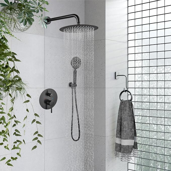 gotonovo High Pressure Shower System Valve and Trim Kit,Oil Rubbed Bronze | Round Rain 10 Inch Shower Head with Handheld Faucet Set Complete,Rough In Valve,2-in-1 Diverter,All Metal,Bathroom Wall Mount