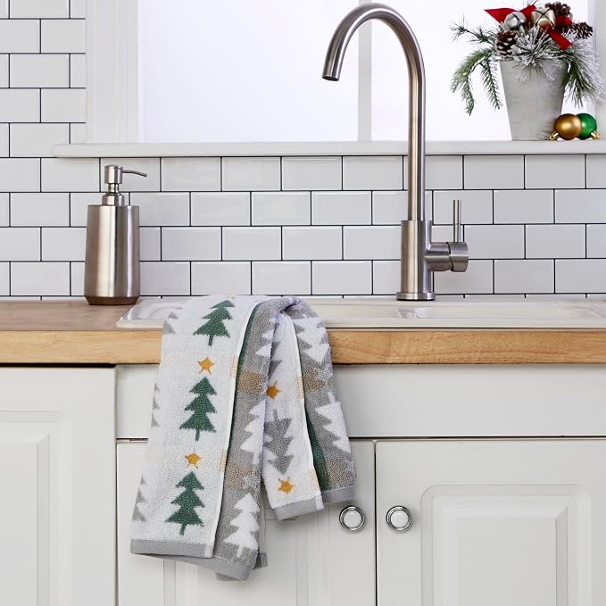 SKL Home Christmas/Winter Multi Trees Hand Towel Set-2pc, Multi | 100% Cotton. 500 GSM. Soft & absorbent. Reversible jacquard pattern. Great for the bathroom, kitchen or bar & holiday gift.