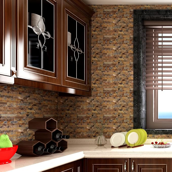 Yipscazo Peel and Stick Stone Metal Backsplash, Stick on Tiles for Backsplash Kitchen (Brown Stone Rock, 10-Pack)