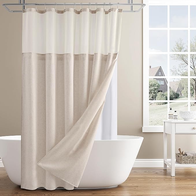 Extra Long Linen Shower Curtain 84 Inches Boho Double Layer | 7ft,Curtains with Hook for Bathroom, Snap in Liner, Water Repellent, Boho Farmhouse, Modern Bath Decor, 1 Panel, 72x84