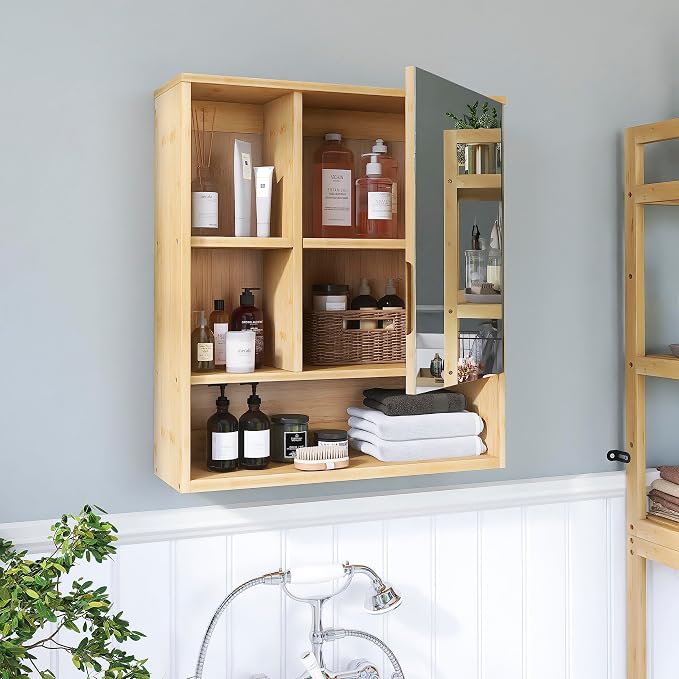 SMIBUY Bathroom Mirror Cabinet Wall Mounted, Bamboo Space Saver Medicine Cabinet, Wall Hanging Over Toilet Storage Cabinet with Mirror Door and Adjustable Shelf (Natural)