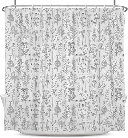 Coxila Vintage Floral Shower Curtain Large Standard Botanical Flower Black White Gray Farmhouse Rustic Boho Wildflower Neutral Cute Plant Bathroom 72 x 72 Inch Polyester Fabric 12 Pack Hooks