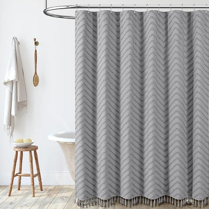 Extra Long Boho Fabric Shower Curtain Tufted Chevron 72"x84" Grey | 84 Inch Tall, Elegant Tassel, Lightweight Textured Fabric, Water Repellent, Washable, Hotel Spa, for Bathroom/Dorm 12 Hooks