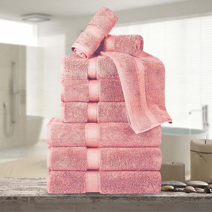 Superior Egyptian Cotton 800 GSM Plush & Absorbent, 9 Piece Set, Tea Rose | Quick Dry, Soft Luxury Towel Set, Bath Essentials, Guest Bath, Spa, 3 Bath, 3 Hand, 3 Face Towel, Madeline Towels
