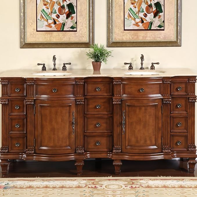 HYP-0722-T-UIC-72 Travertine Stone Top Double Sink Bathroom Vanity with Furniture Bath Cabinet, 72", Medium Wood