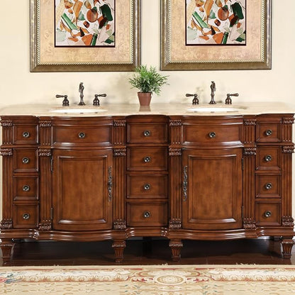 HYP-0722-T-UIC-72 Travertine Stone Top Double Sink Bathroom Vanity with Furniture Bath Cabinet, 72", Medium Wood