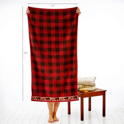 SKL Home Sundance Bath Towel, 100% Cotton, Plaid/Buffalo Check, Red | 500 GSM. Plush & absorbent jacquard. Bear & paw print border is great for Airbnb/cabin/lodge décor.