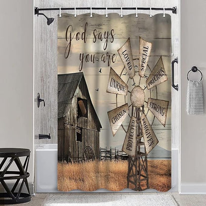 Retro Farmhouse Shower Curtain Sets,Rustic Windmill Western Shower Curtain Sets Bathroom Decoration,Fabric Inspirational Bath Curtain RV Shower Curtains with Hooks 47X64 in