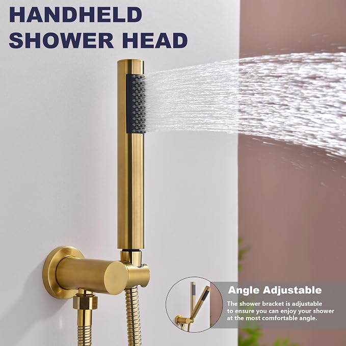 Shower System, All Metal Gold Shower Faucet Set, Brushed Gold | 8" Rainfall Shower Head and Handheld Spray Combo, Round Shower Head and Handle Set with Valve and Trim Kit