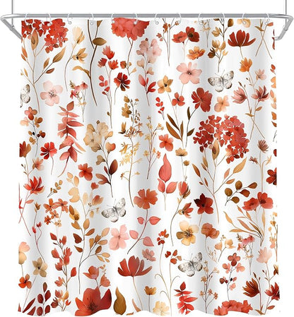 Red Burgundy Fall Autumn Floral Flower Bathroom Shower Curtain Set | 72"W x 72"H Plants Leaves; waterproof HD print, quick-dry fabric and plastic hooks for easy setup.