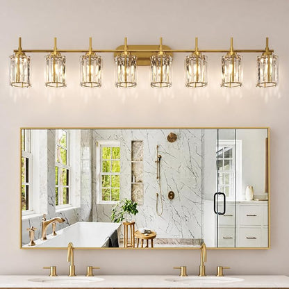 Hasipu Bathroom Vanity Light Fixtures, 8-Light Brushed Gold Vanity Wall Light Bar with Clear Glass Shade, Lighting Fixtures Over Mirror for Bathroom Bedroom Living Room Hallway Cabinet Porch