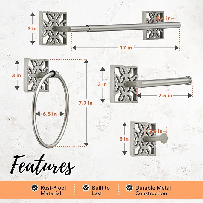 Autumn Alley 5 Pieces Nickel Bathroom Accessories Set, Wall Mounted – Silver Toilet Paper Holder, Chrome Bath Towel Holder, Brushed Nickel Towel Ring & Silver Bathroom Hardware Set Complete