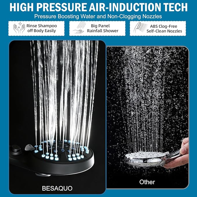 9 Settings Filtered Shower head with Handheld with Power Wash | Hard Water Softener,Remove Chlorine Power Wash for Tub&Tile,ON/OFF Button,6ft Hose&Bracket,Filtered Shower Head, Matte Black