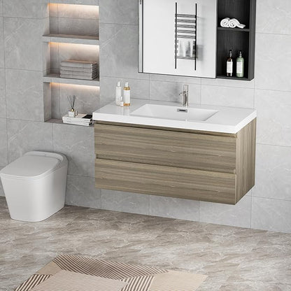 Wall Mounted 42 Inch Bathroom Vanity with Sink, Floating Vanity Bathroom, Single Sink Bathroom Vanity, 2 Drawers, Resin Integrated Sink (Ash Grey)