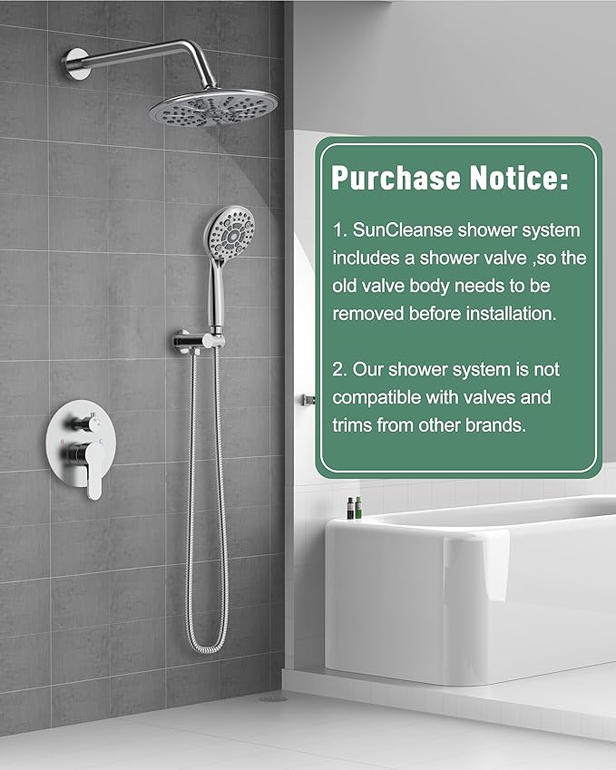 SunCleanse Rain Shower Faucet System - 8.5" Shower Head Combo with 7-Setting handheld Spray Complete Shower Set - Rainfall Shower Fixture with Valve and Trim Kit for Luxury Bathroom Polished Chrome