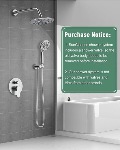 SunCleanse Rain Shower Faucet System - 8.5" Shower Head Combo with 7-Setting handheld Spray Complete Shower Set - Rainfall Shower Fixture with Valve and Trim Kit for Luxury Bathroom Polished Chrome
