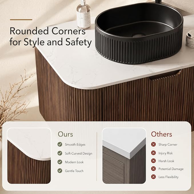 36 Inch Bathroom Vanity with Sink, Floating Wall Mounted Single Sink Vanity, Dark Walnut Curved Fluted Front, Stone Top, Black Textured Oval Vessel Basin, Pre-Assembled