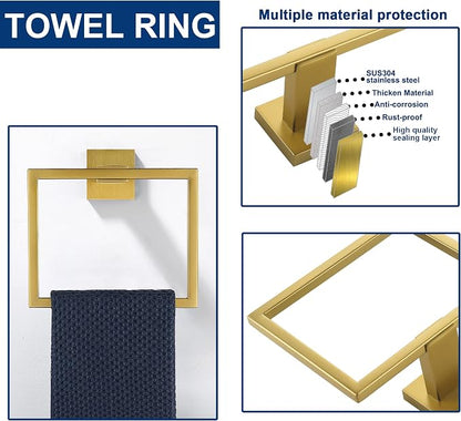 5 Pieces Bathroom Hardware Accessories Set Brushed Gold, 16Inch Bathroom Towel Rack Set SUS304 Stainless Steel, Square Bath Towel bar Set Heavy Duty, Wall Mounted