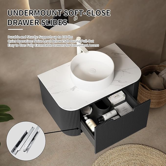Yayzy 60" Floating Bathroom Vanity with Sink, Solid Wood Fluted Cabinet, White Round Ceramic Basin & Faux Marble Top, Soft-Close Drawer, Pre-Assembled, Gloss Black
