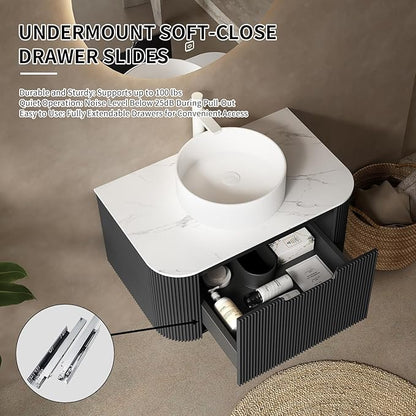 Yayzy 24" Floating Bathroom Vanity with Sink, Solid Wood Fluted Cabinet, White Round Ceramic Basin & Faux Marble Top, Soft-Close Drawer, Pre-Assembled, Gloss Black