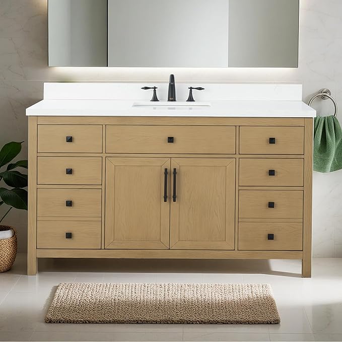 Lavanti Oakford 60 Inch Bathroom Vanity with Sink – Stylish Firwood Oak Vanity Bathroom with Storage Cabinet – Modern Bathroom Vanities with Single Vanity Sink & Quartz Countertop