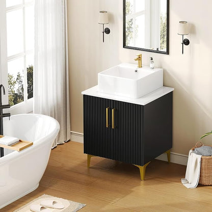 YITAHOME 24 Inch Bathroom Vanity with Vacuum Forming | Storage Cabinet Vanity with Engineered White Stone Countertop, 2 Large Soft Closing Doors with Shelf, Gold Handles & Legs
