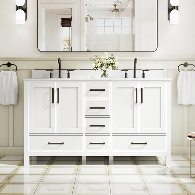 60-Inch Bathroom Vanity with Sink, 4 Soft-Close Doors and 6 Soft-Close Drawers, Bathroom Freestanding Vanity with Cultured Marble Countertop, White Vanity with Matte Black Handles