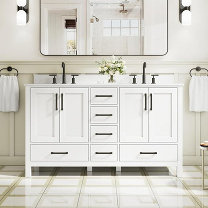 60-Inch Bathroom Vanity with Sink, 4 Soft-Close Doors and 6 Soft-Close Drawers, Bathroom Freestanding Vanity with Cultured Marble Countertop, White Vanity with Matte Black Handles