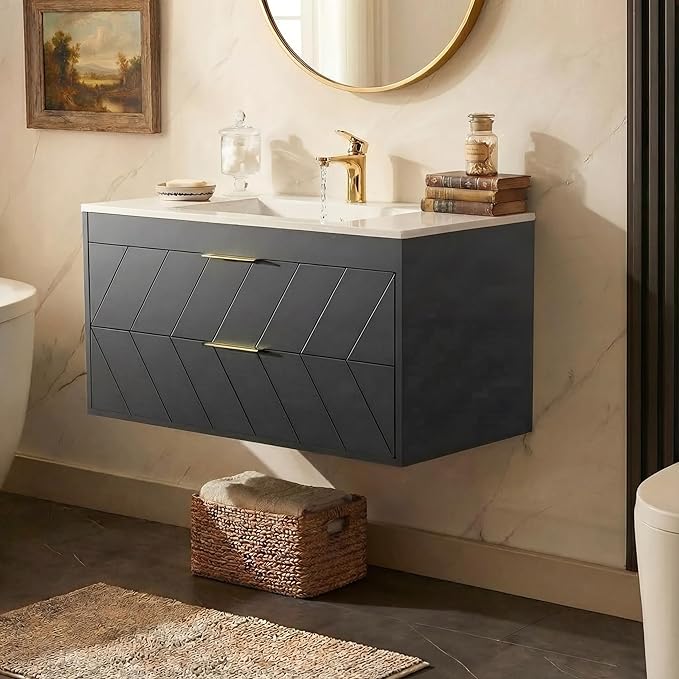 36 Inch Bathroom Vanity with Sink, Modern Floating Bathroom Vanity with Resin Sink, 2 Large Storage Darwers, Wood Grain Texture Wall Mounted Vanity, Gold Handles