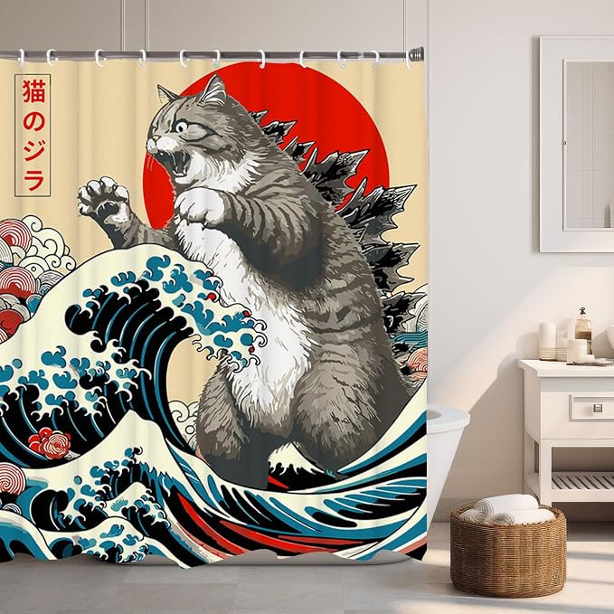 Funny Japanese Cat Funky Anime Japan Bathroom Shower Curtain, 72x72 | Vintage Cat Sunset Wave Shower Curtain Liner with Hooks, Animal Fabric Shower Curtains Bathroom Decor 72X72inches Blue Grey
